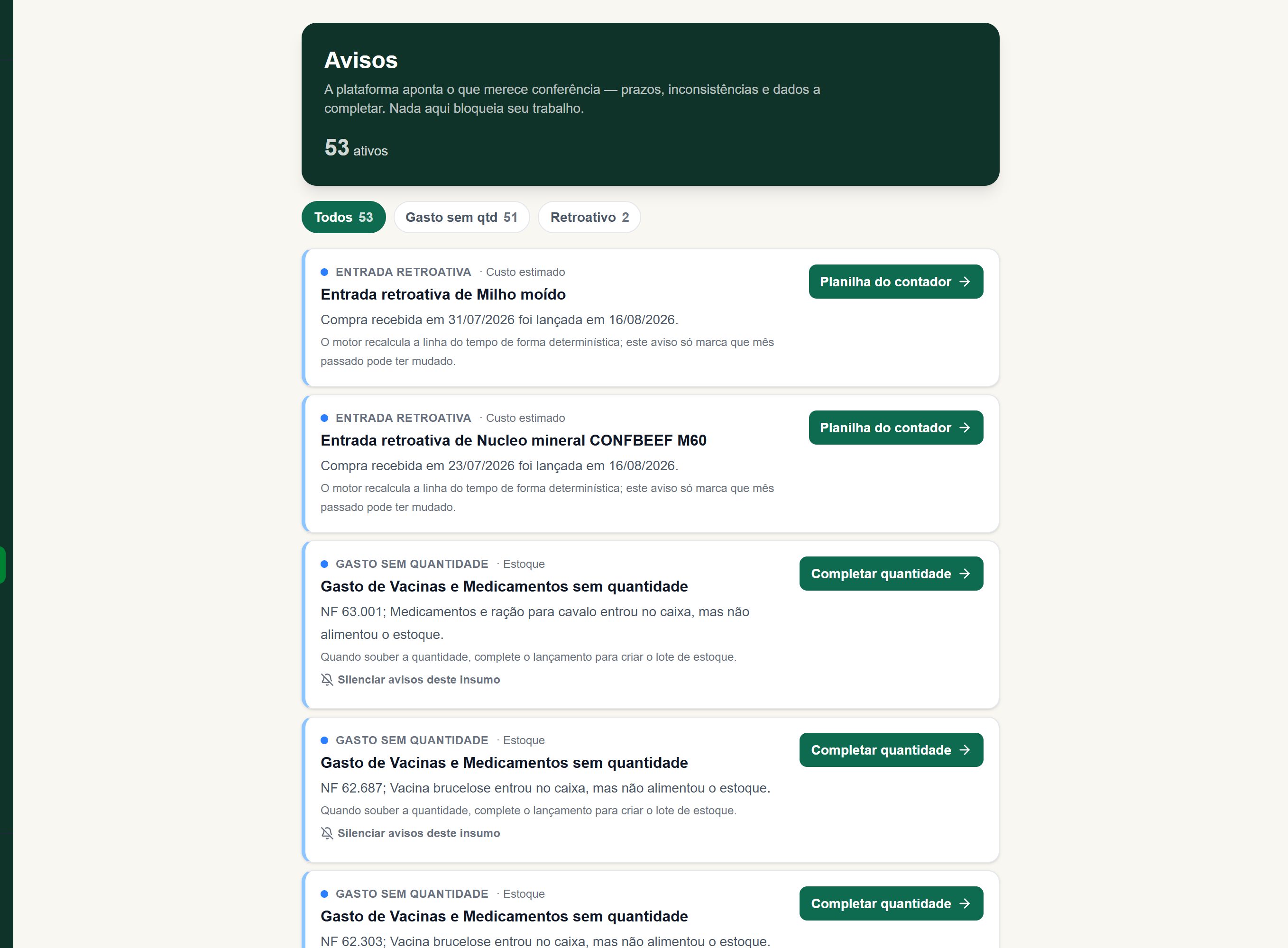 Tela de Avisos da plataforma Alqira, na fazenda de demonstração