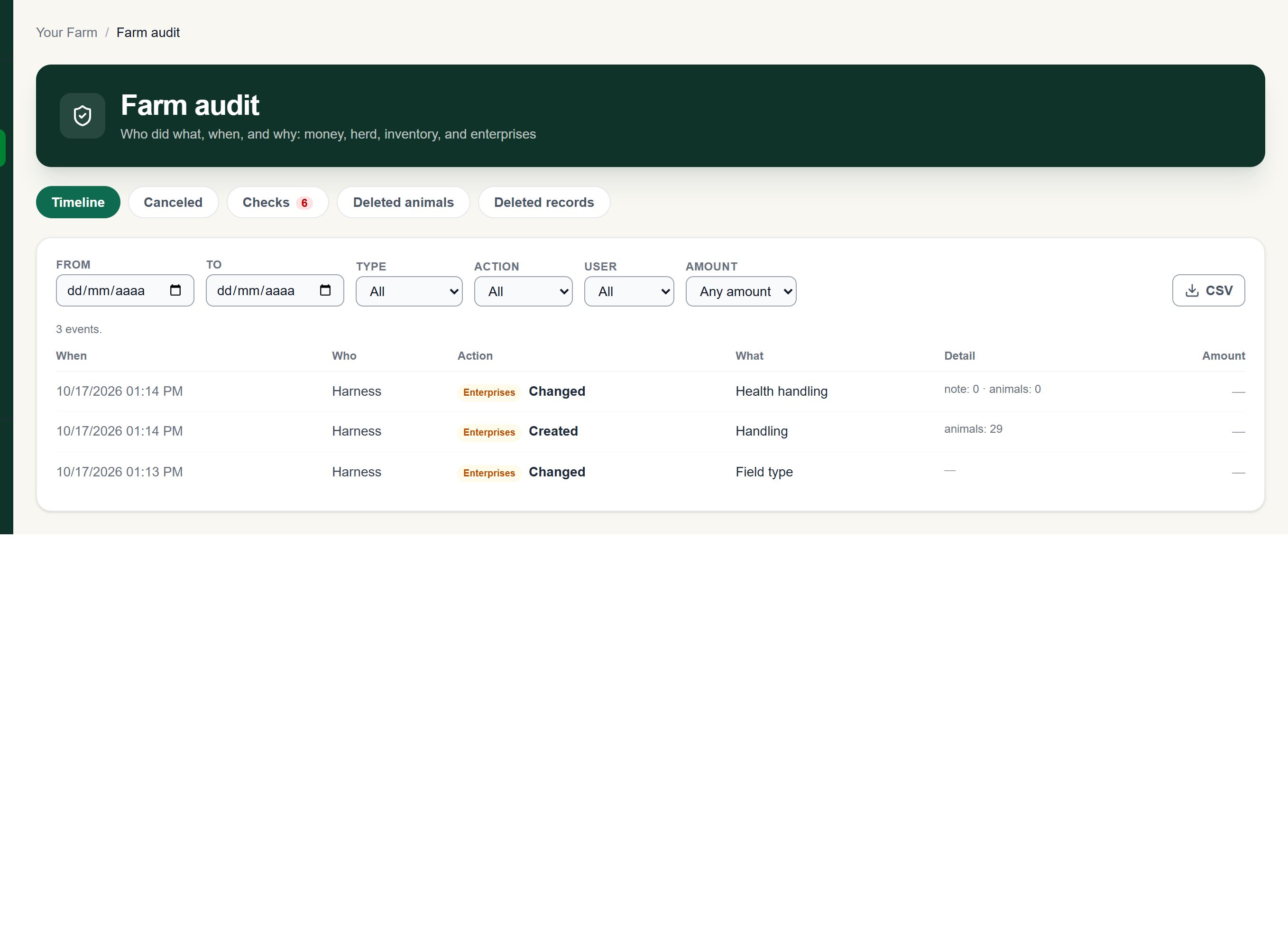 Audit screen of the Alqira platform, on the demo farm