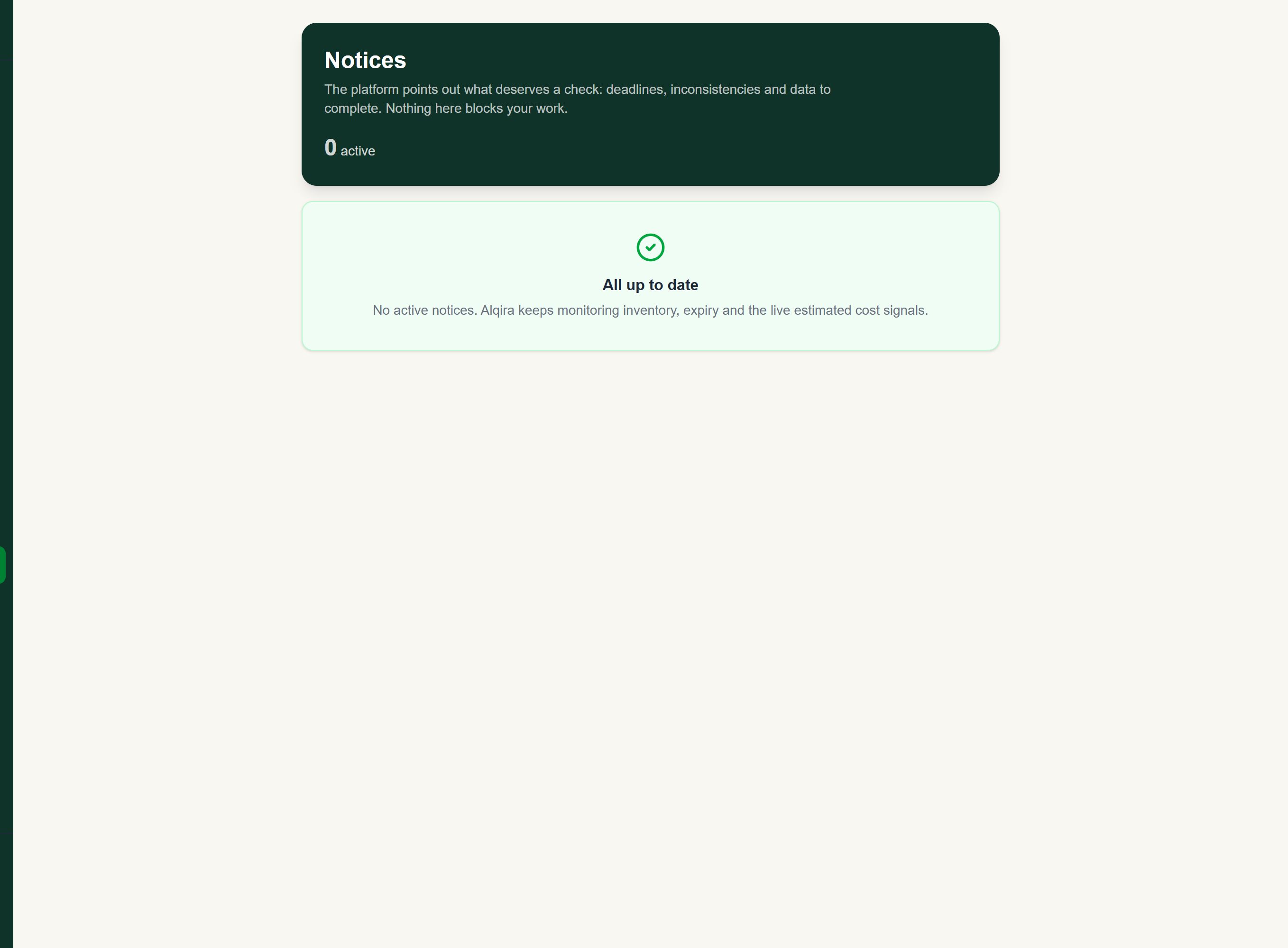 Alerts screen of the Alqira platform, on the demo farm