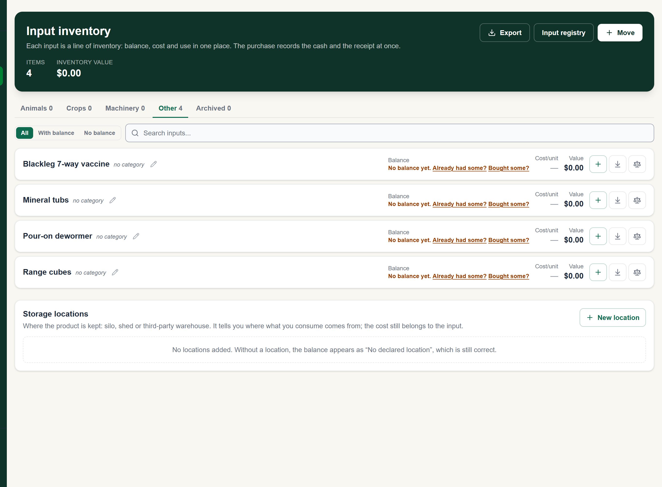 Inventory screen of the Alqira platform, on the demo farm