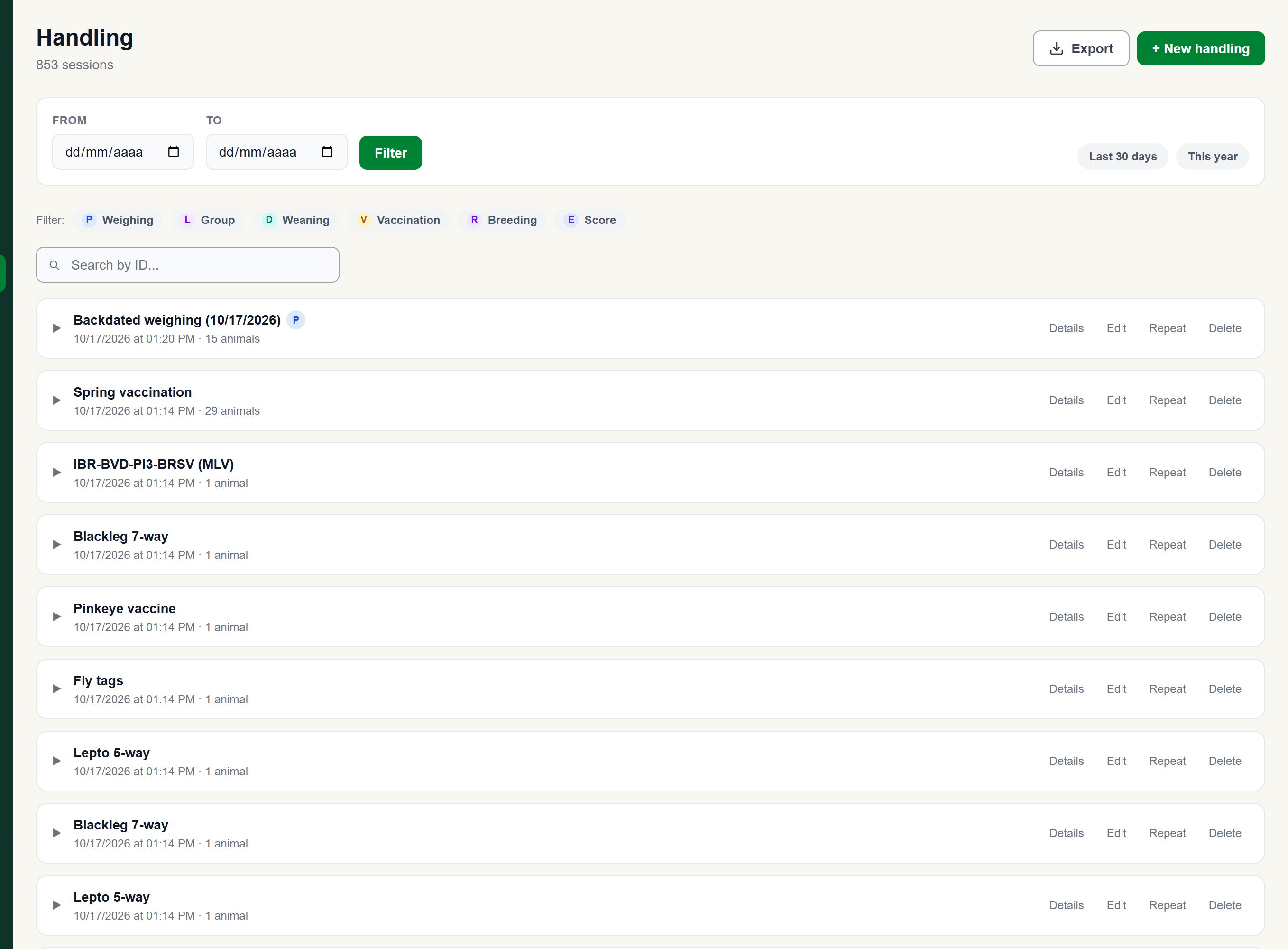 Handling screen of the Alqira platform, on the demo farm