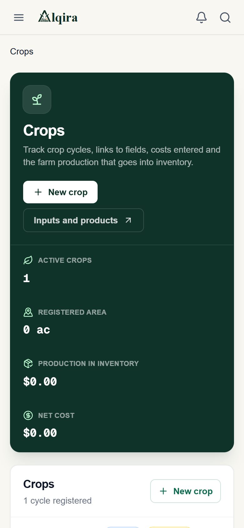 Crops screen of the Alqira platform on the phone, on the demo farm