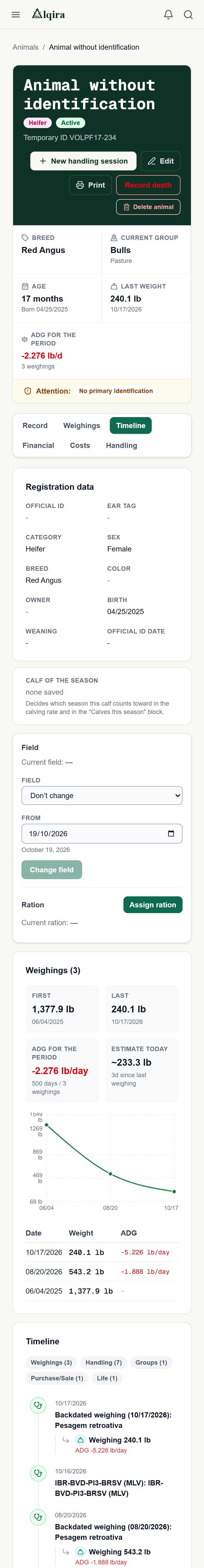 Animal record screen of the Alqira platform on the phone, on the demo farm