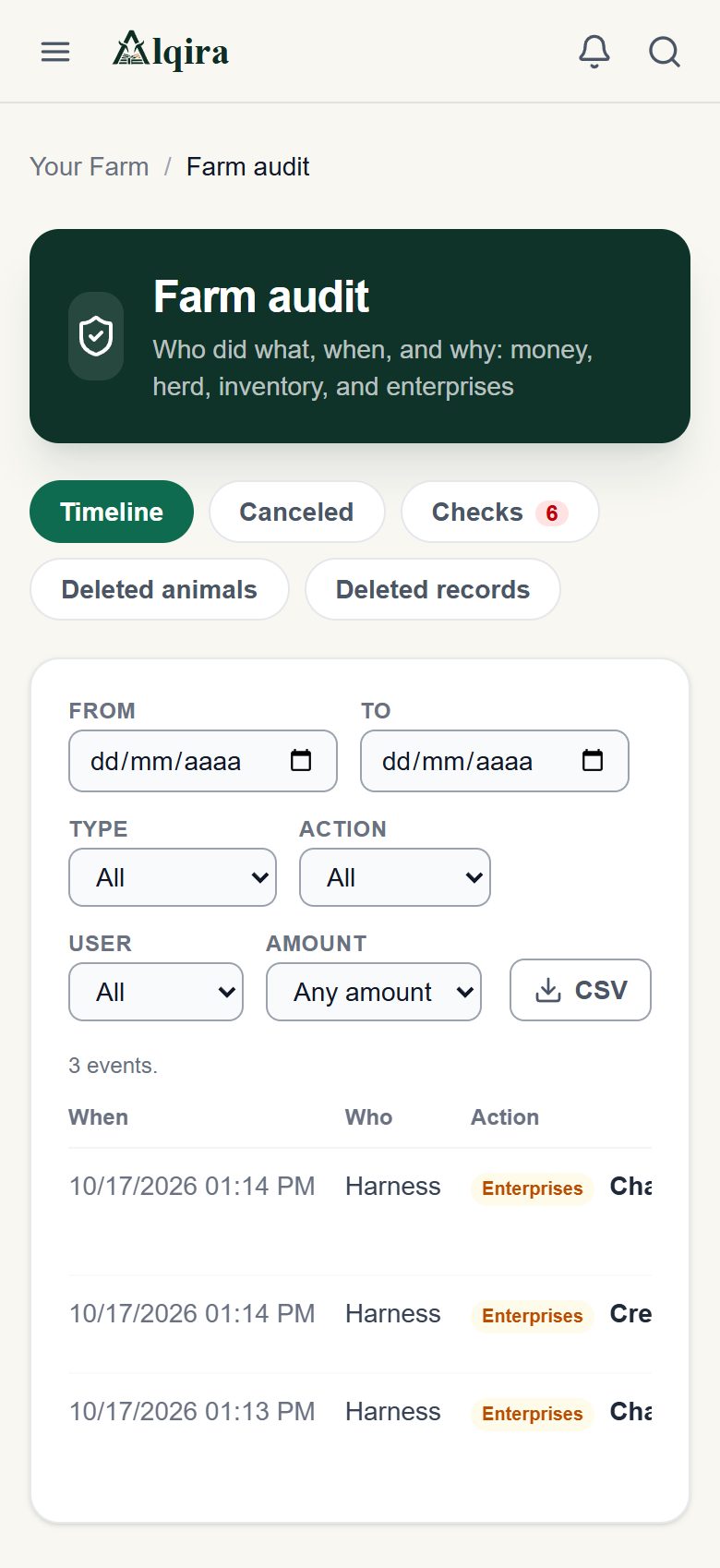 Audit screen of the Alqira platform on the phone, on the demo farm