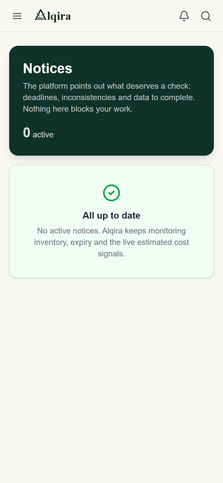 Alerts screen of the Alqira platform on the phone, on the demo farm