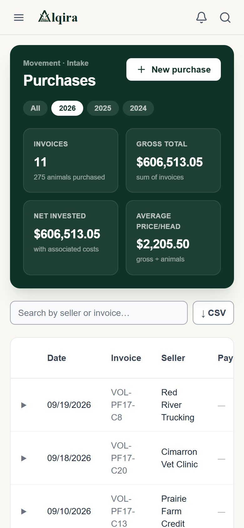 Purchases screen of the Alqira platform on the phone, on the demo farm