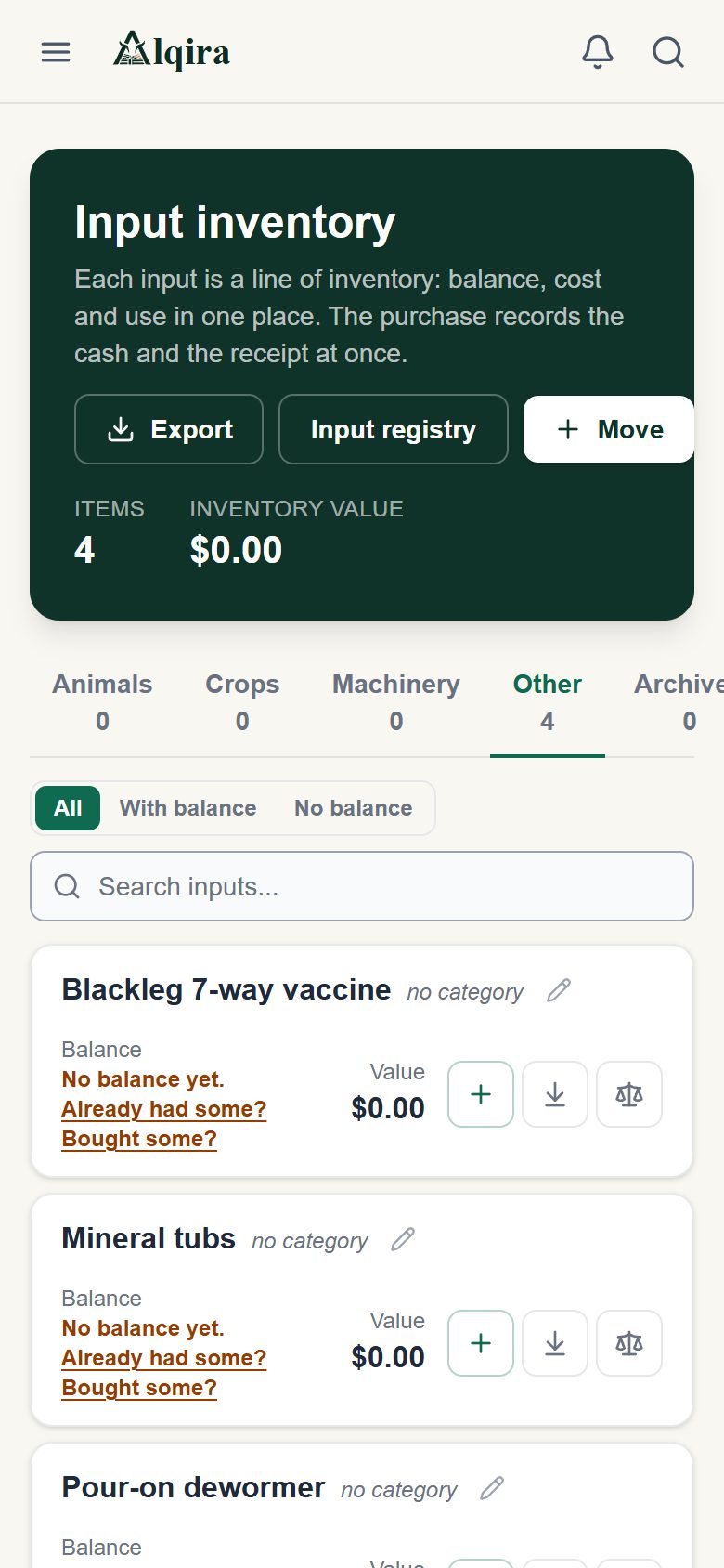 Inventory screen of the Alqira platform on the phone, on the demo farm