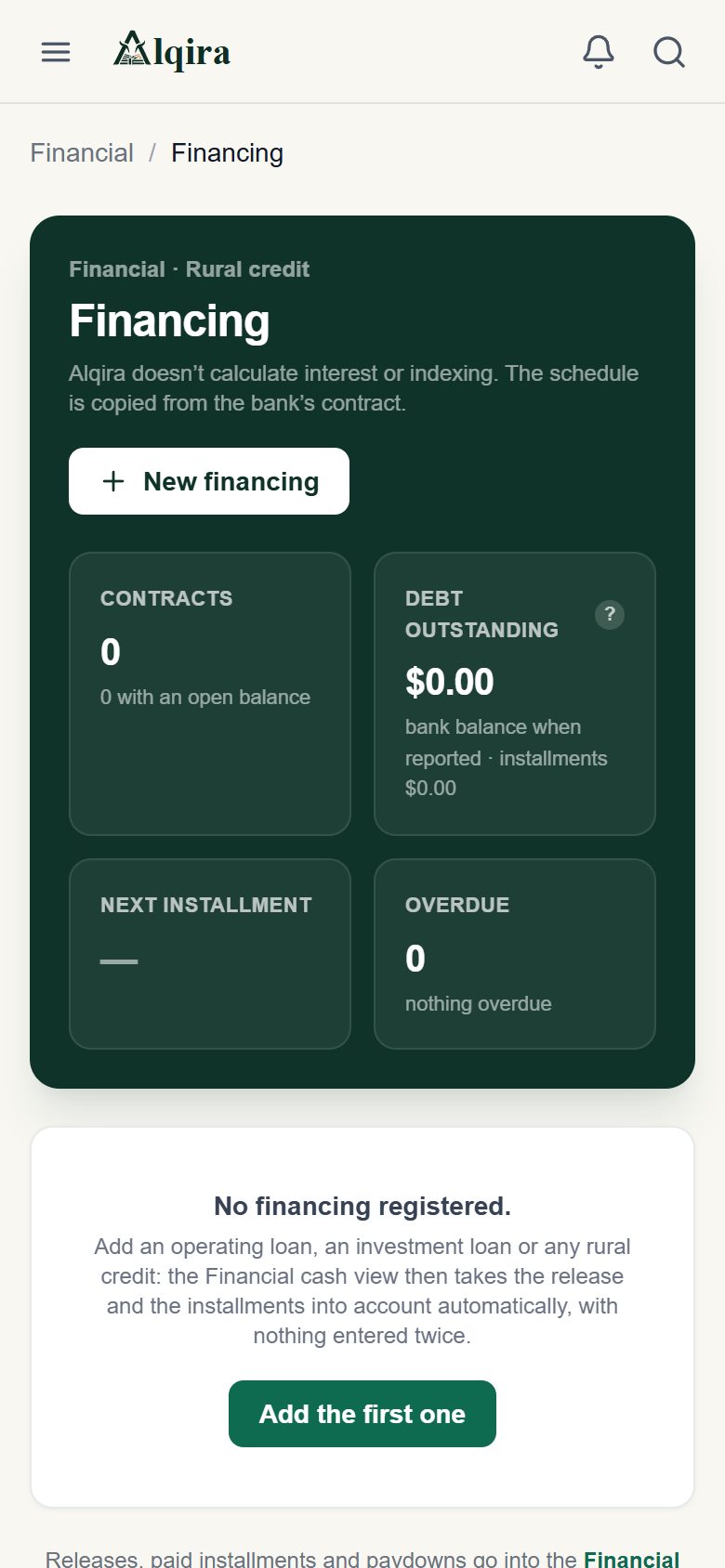 Loans screen of the Alqira platform on the phone, on the demo farm