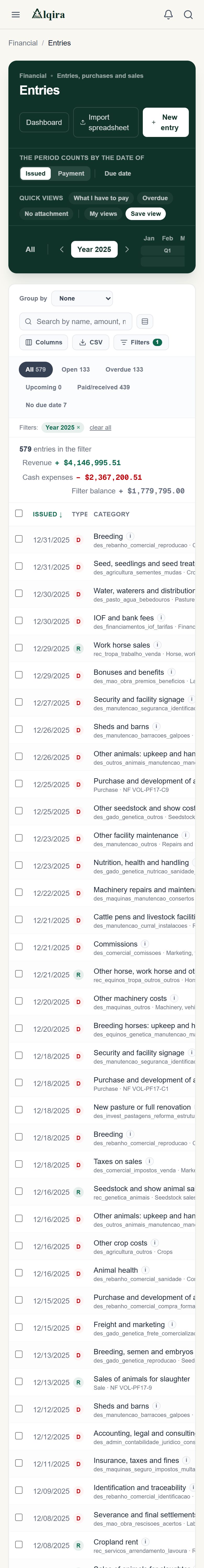 Entries screen of the Alqira platform on the phone, on the demo farm