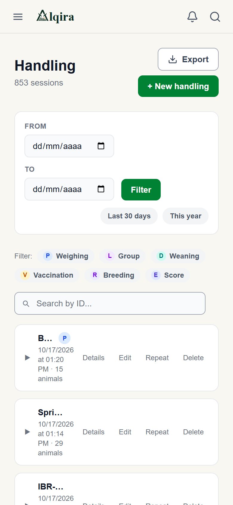 Handling screen of the Alqira platform on the phone, on the demo farm