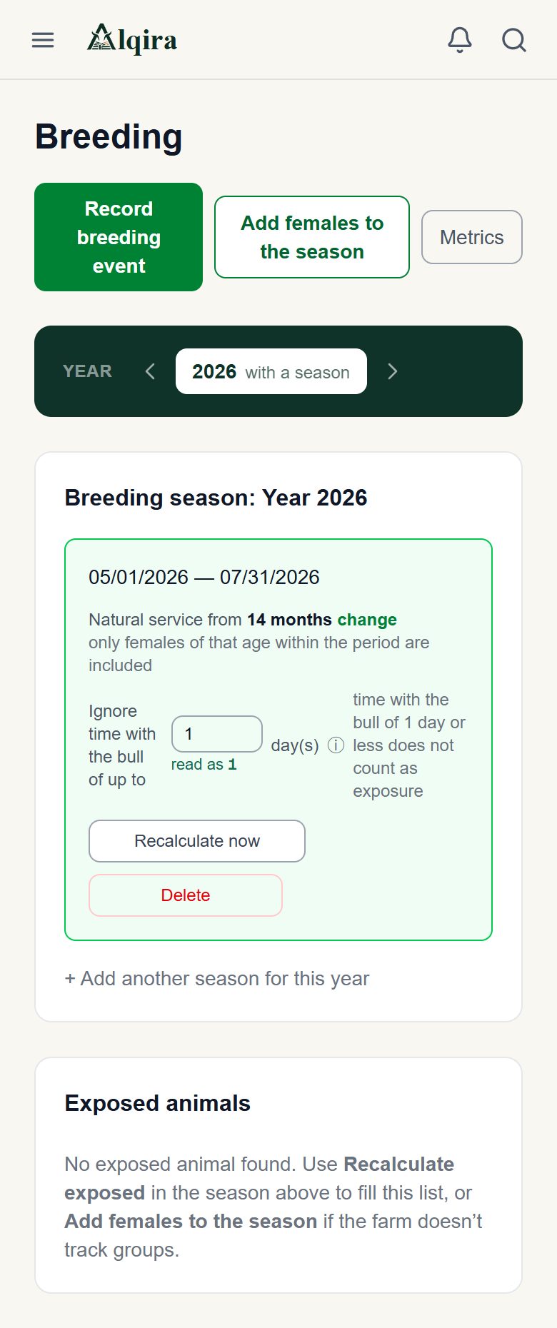 Breeding screen of the Alqira platform on the phone, on the demo farm