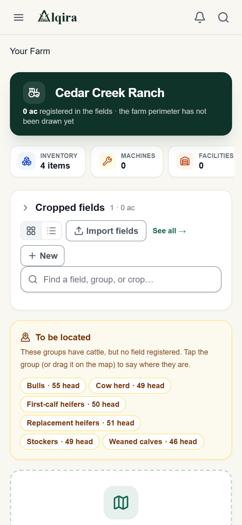 Your Farm screen of the Alqira platform on the phone, on the demo farm