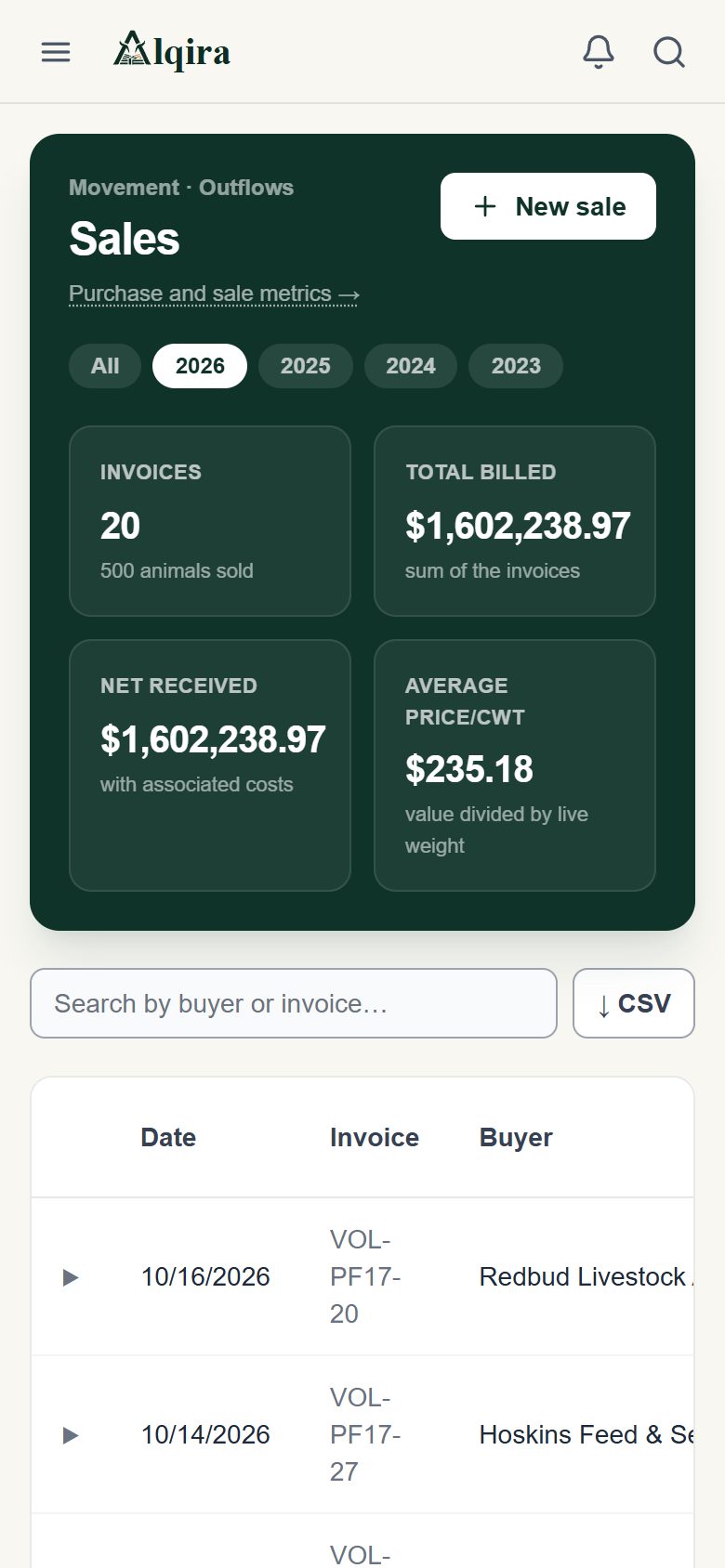 Sales screen of the Alqira platform on the phone, on the demo farm