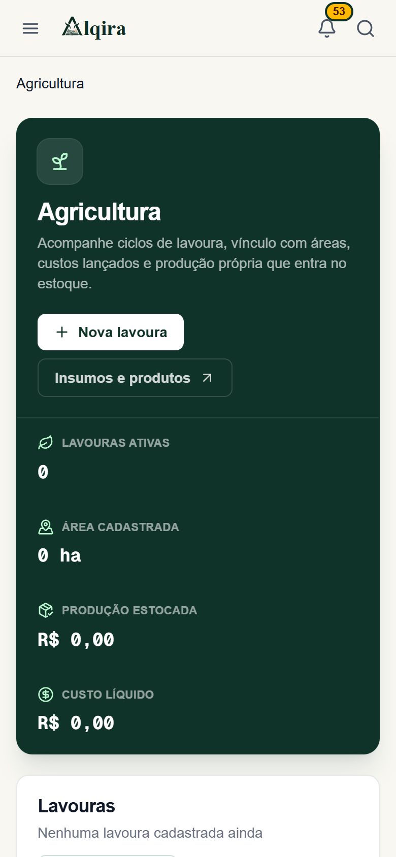 Tela de Agricultura da plataforma Alqira no celular, na fazenda de demonstração