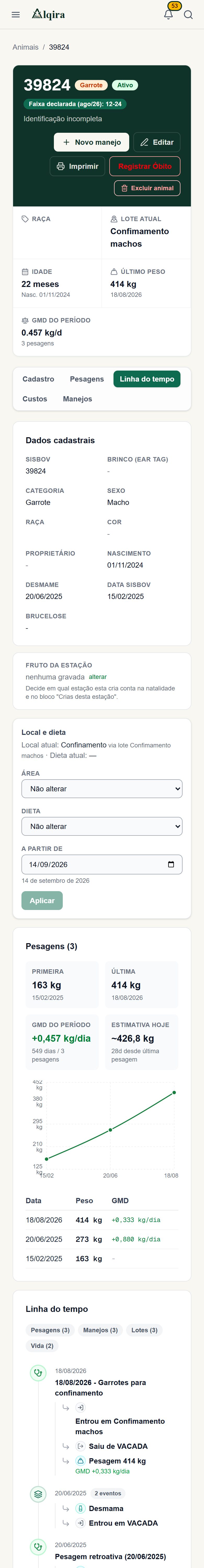 Tela de Ficha do animal da plataforma Alqira no celular, na fazenda de demonstração