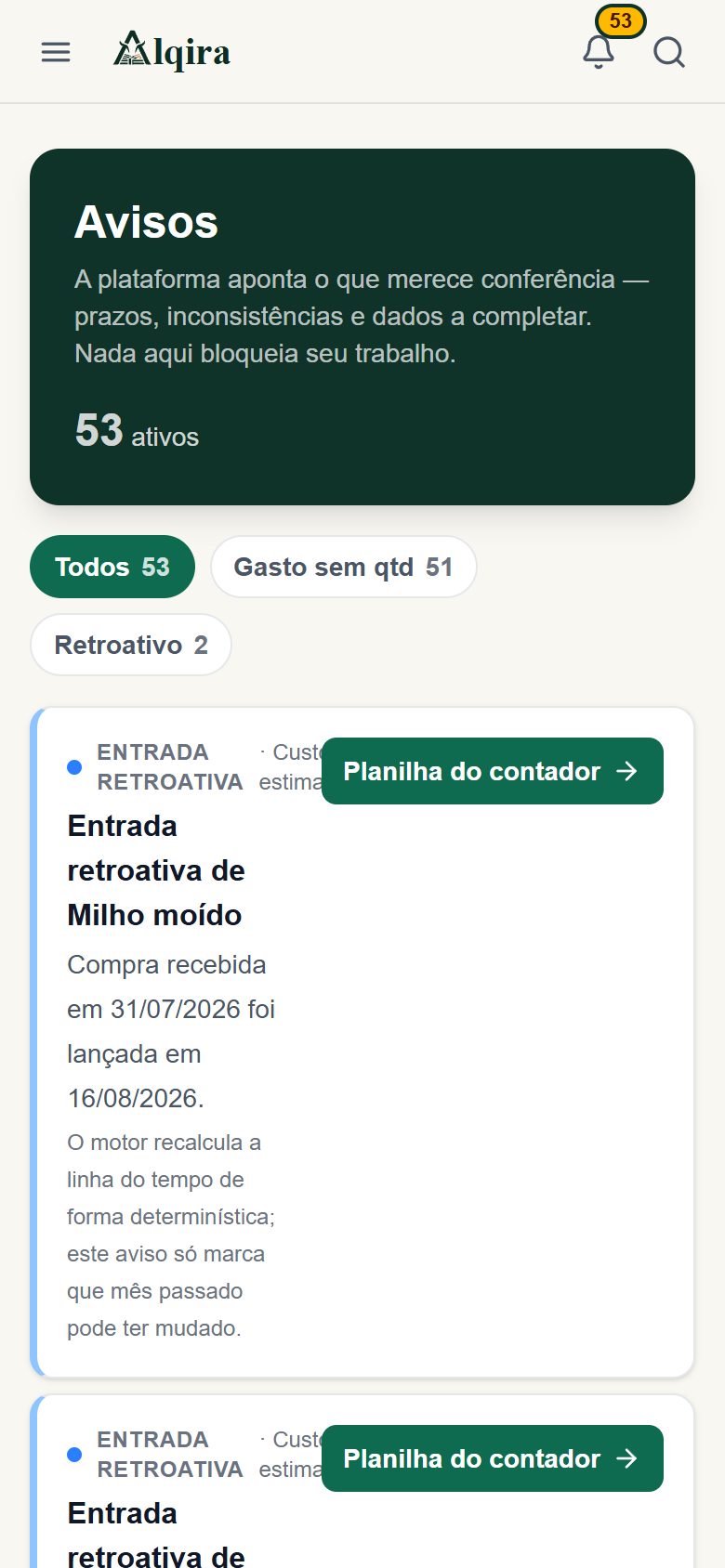 Tela de Avisos da plataforma Alqira no celular, na fazenda de demonstração