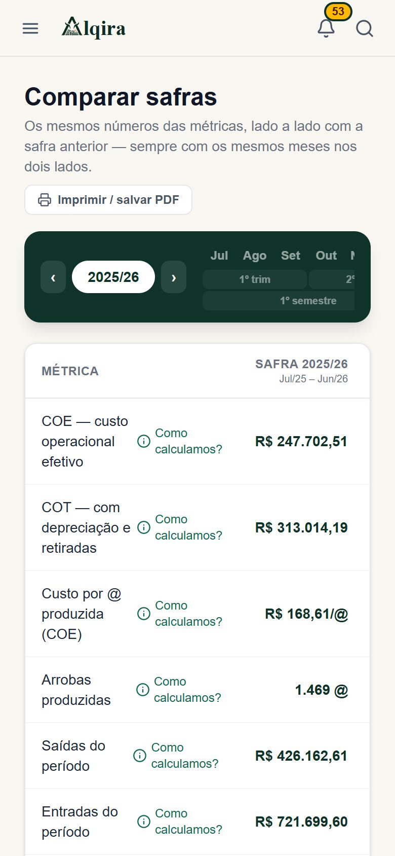 Tela de Comparar da plataforma Alqira no celular, na fazenda de demonstração