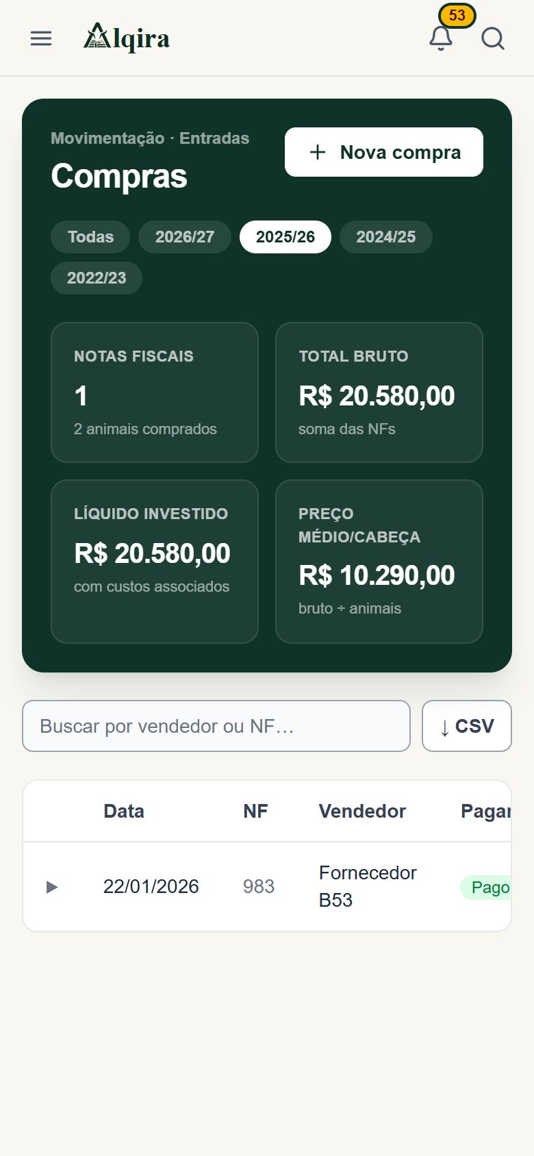 Tela de Compras da plataforma Alqira no celular, na fazenda de demonstração