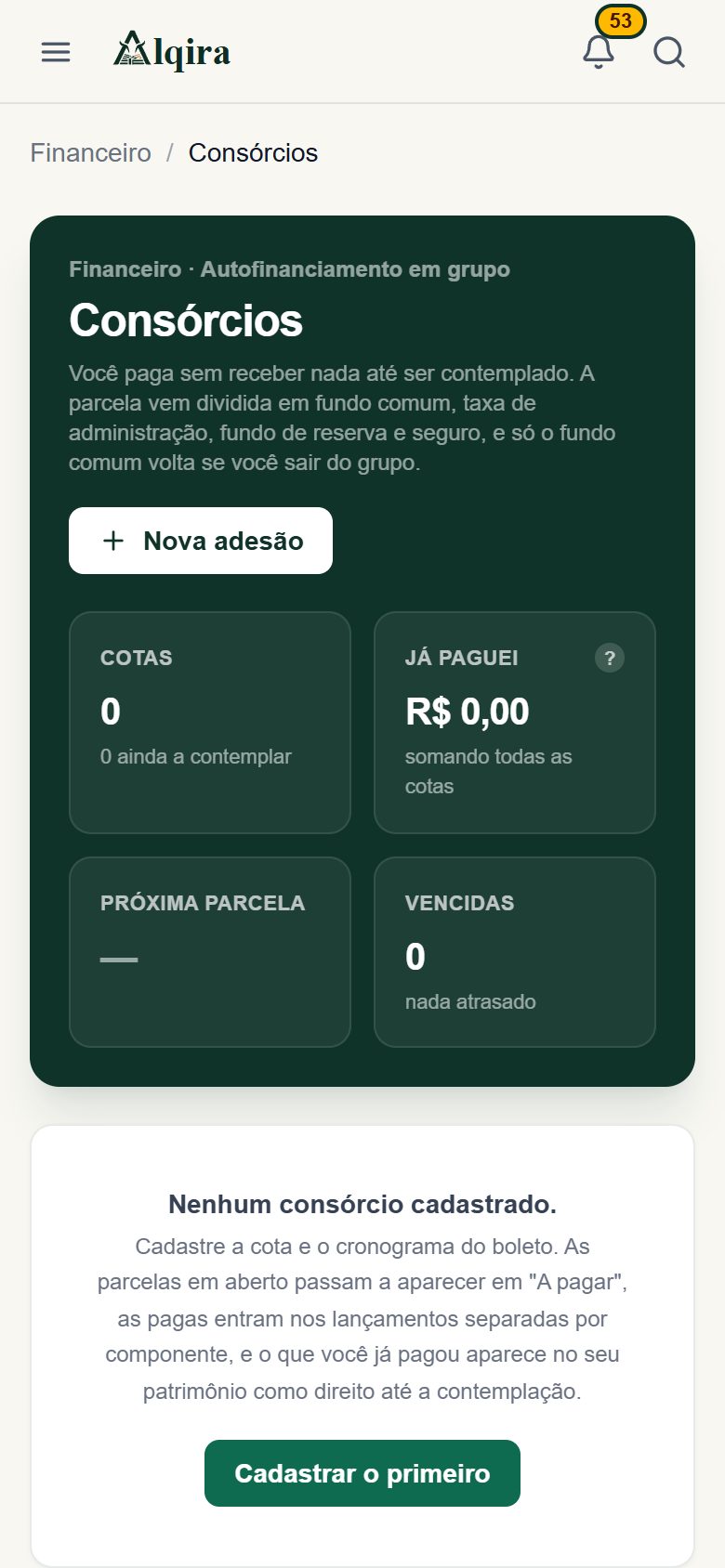 Tela de Consórcios da plataforma Alqira no celular, na fazenda de demonstração