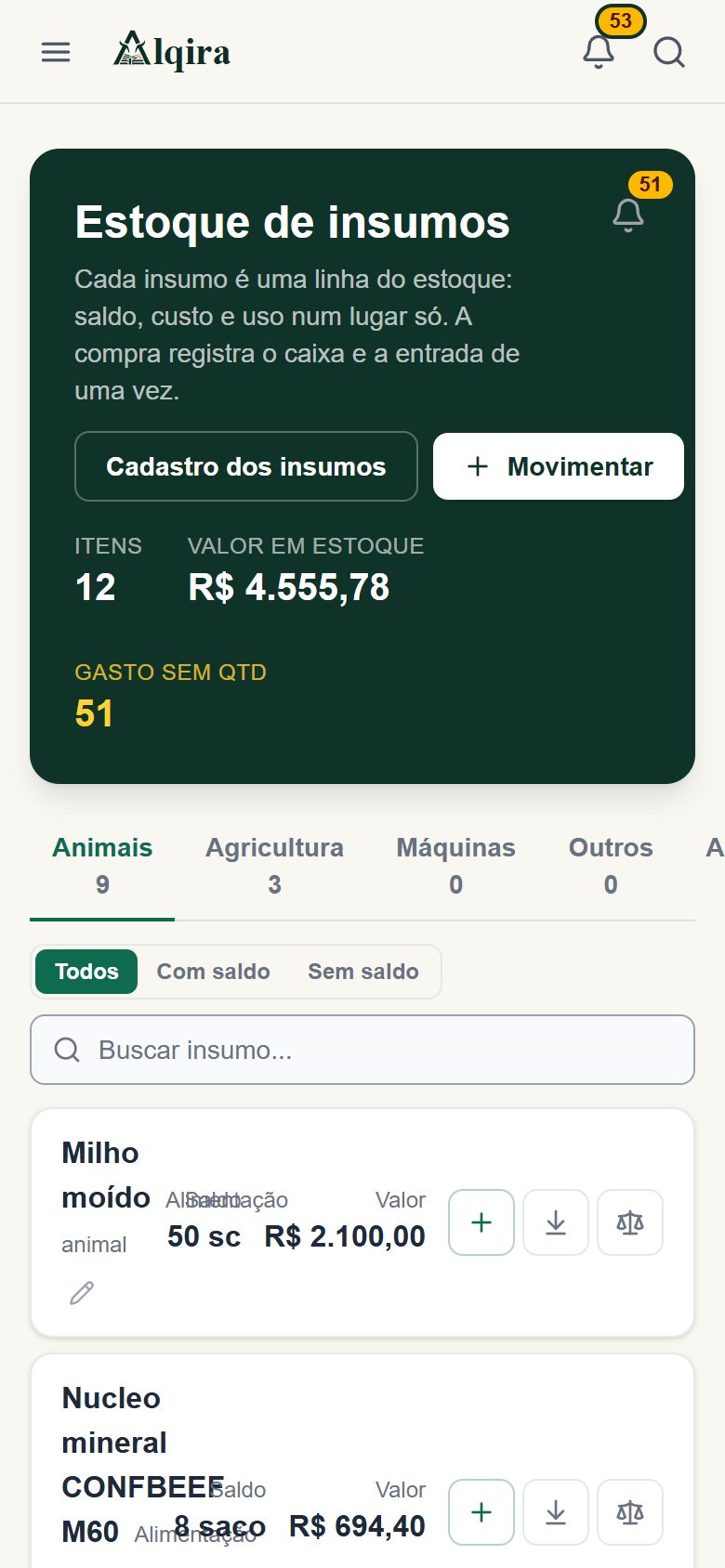 Tela de Estoque da plataforma Alqira no celular, na fazenda de demonstração