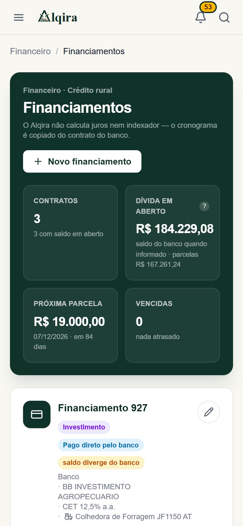 Tela de Financiamentos da plataforma Alqira no celular, na fazenda de demonstração