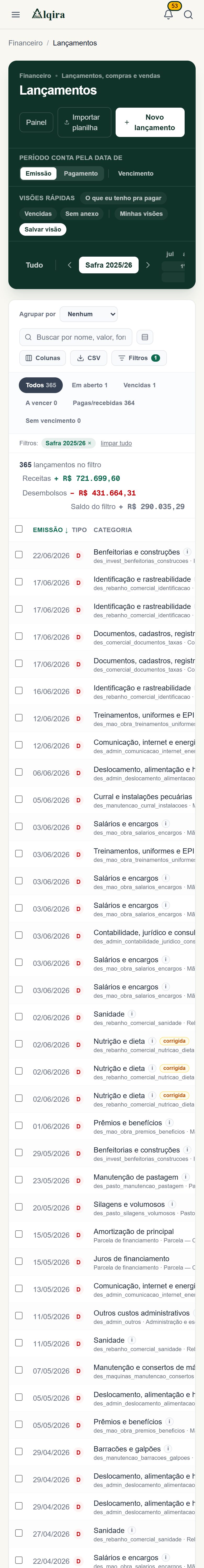 Tela de Lançamentos da plataforma Alqira no celular, na fazenda de demonstração