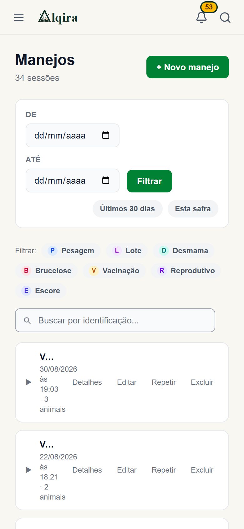 Tela de Manejos da plataforma Alqira no celular, na fazenda de demonstração