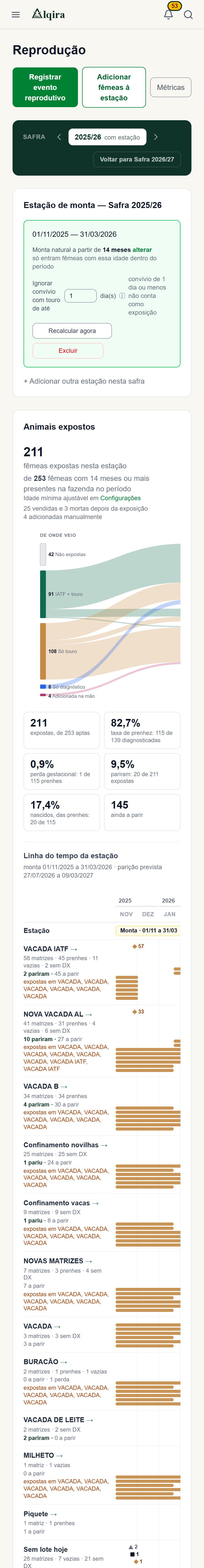 Tela de Reprodução da plataforma Alqira no celular, na fazenda de demonstração