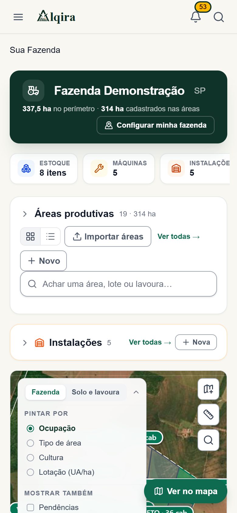Tela de Sua Fazenda da plataforma Alqira no celular, na fazenda de demonstração