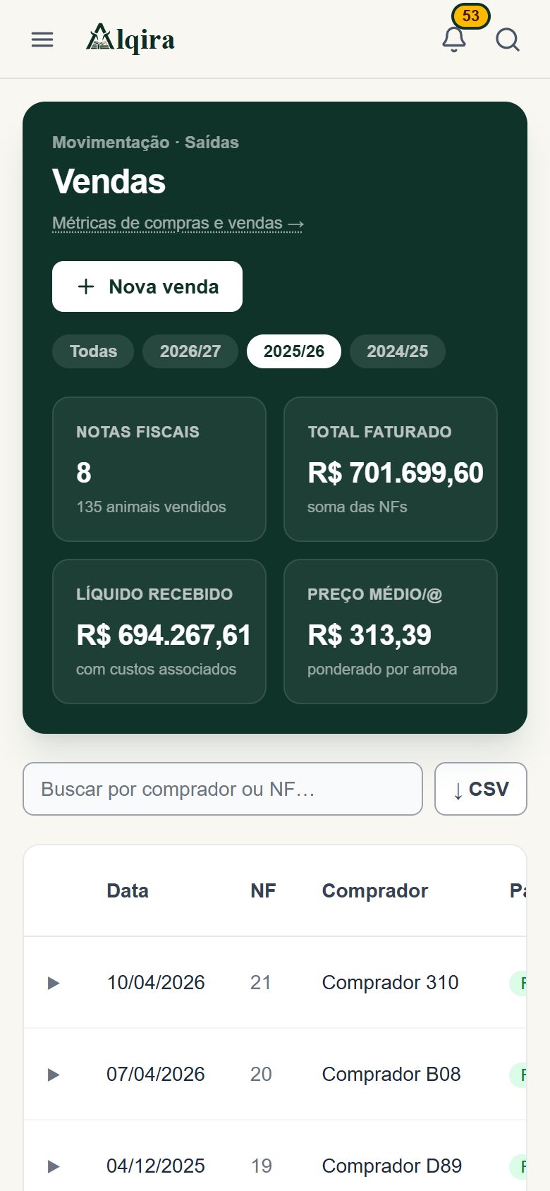 Tela de Vendas da plataforma Alqira no celular, na fazenda de demonstração